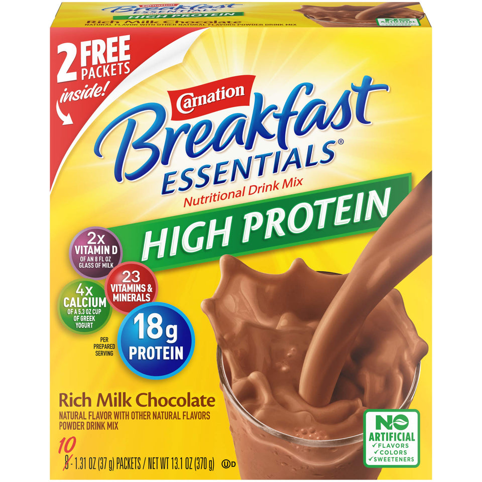 Carnation High Protein Powder milk chocolate pack shot for quick, protein-rich mornings.