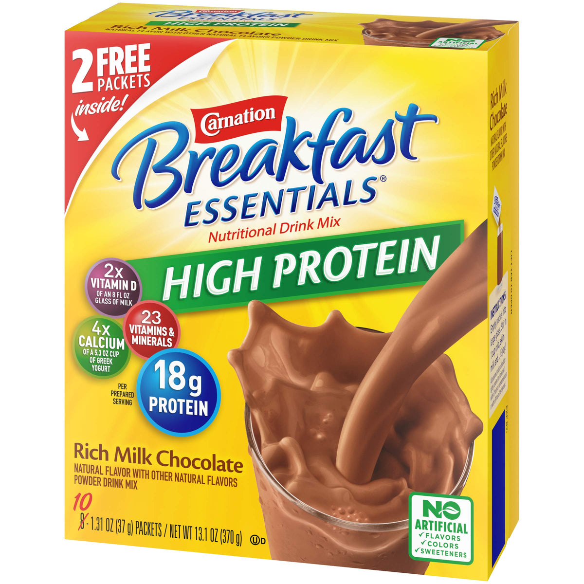 Carnation High Protein Powder milk chocolate pour into glass shows easy mix-in option.