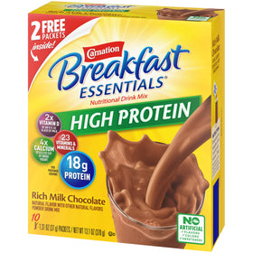 Carnation High Protein Powder milk chocolate pour into glass shows easy mix-in option.