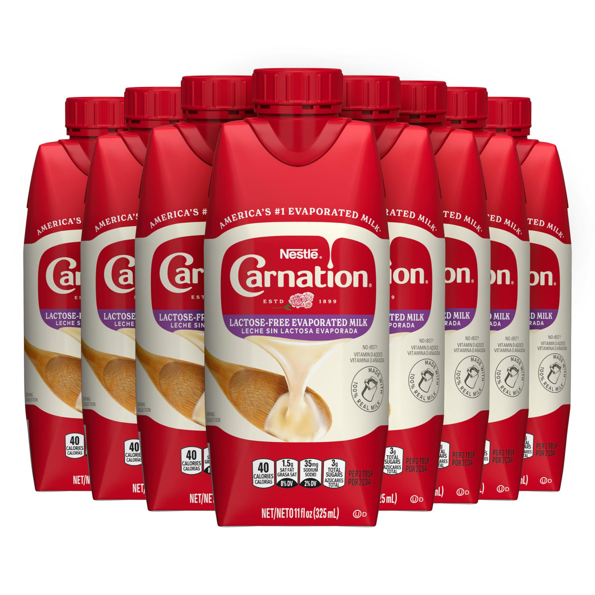 Carnation Lactose-Free Evaporated Milk bottle showcasing creamy texture and vitamin D