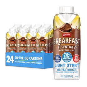 Carnation Light Start ready-to-drink milk chocolate carton front view for on-the-go protein appeal