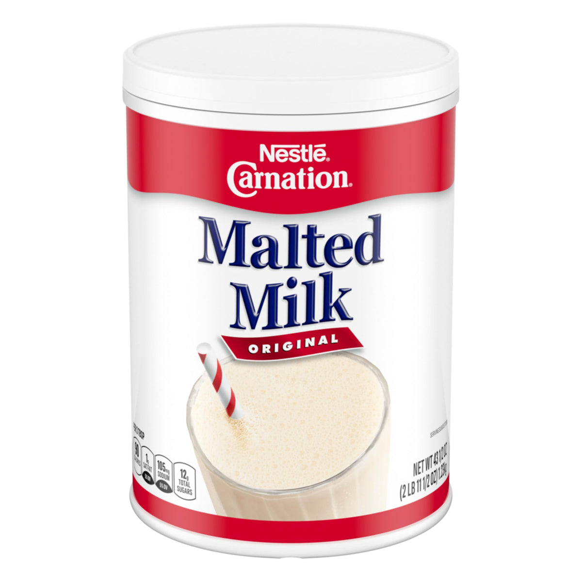 Carnation malted milk powder can on shelf, showcasing long shelf life for easy storage.