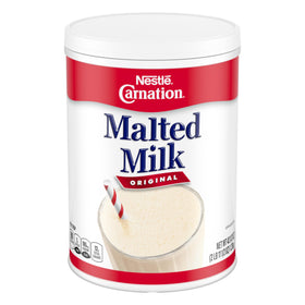 Carnation malted milk powder can on shelf, showcasing long shelf life for easy storage.