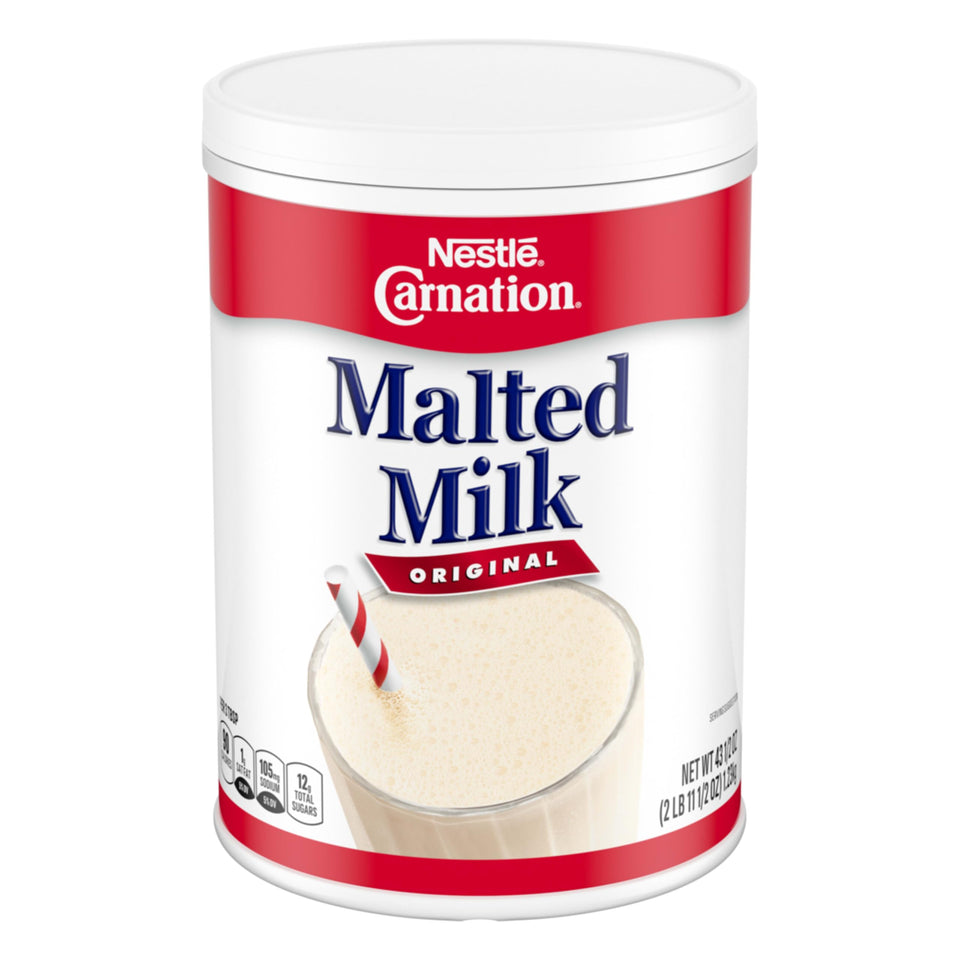 Carnation malted milk powder can on shelf, showcasing long shelf life for easy storage.