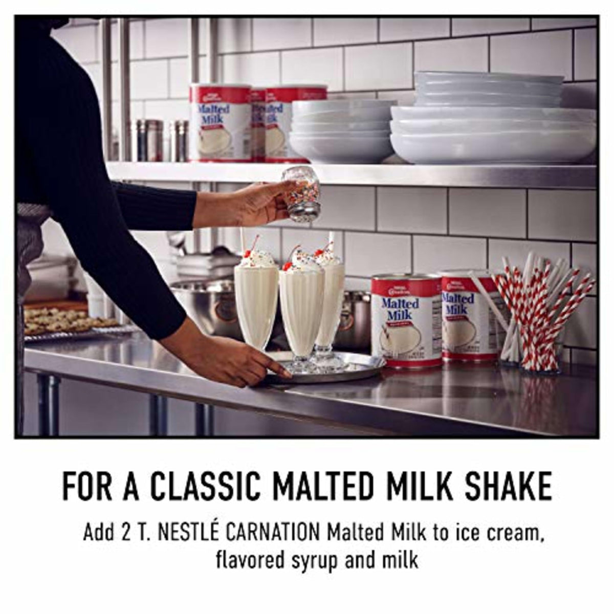 A creamy Carnation malted milk shake being prepared for a rich treat.