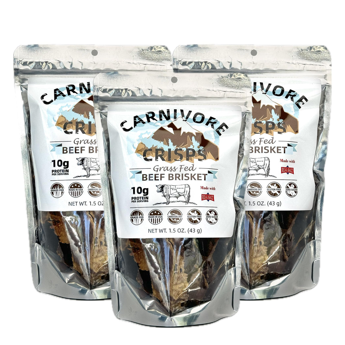 Carnivore Crisps brisket crisp pack front showing a convenient, protein-packed snack