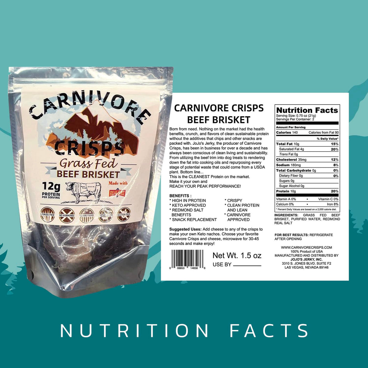 Carnivore Crisps gluten-free label emphasizes clean, hormone-free beef