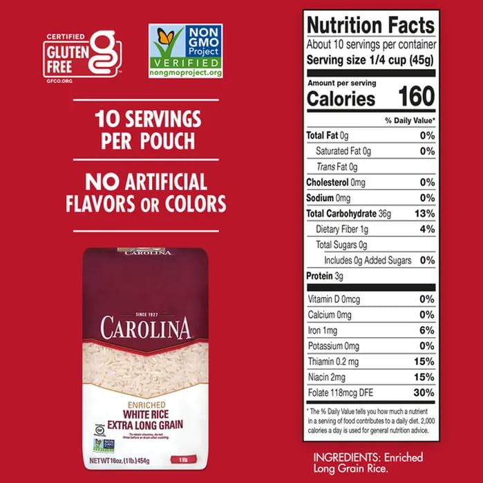 Carolina Enriched Rice on store shelf with gluten-free badge