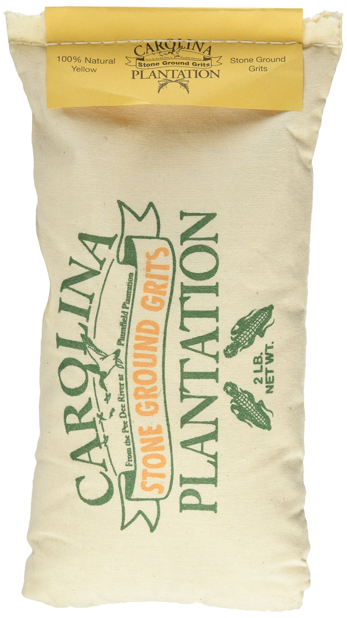 Carolina Plantation Stone Ground Yellow Grits in a rustic cloth bag, ideal for family meals.