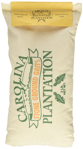 Carolina Plantation Stone Ground Yellow Grits in a rustic cloth bag, ideal for family meals.
