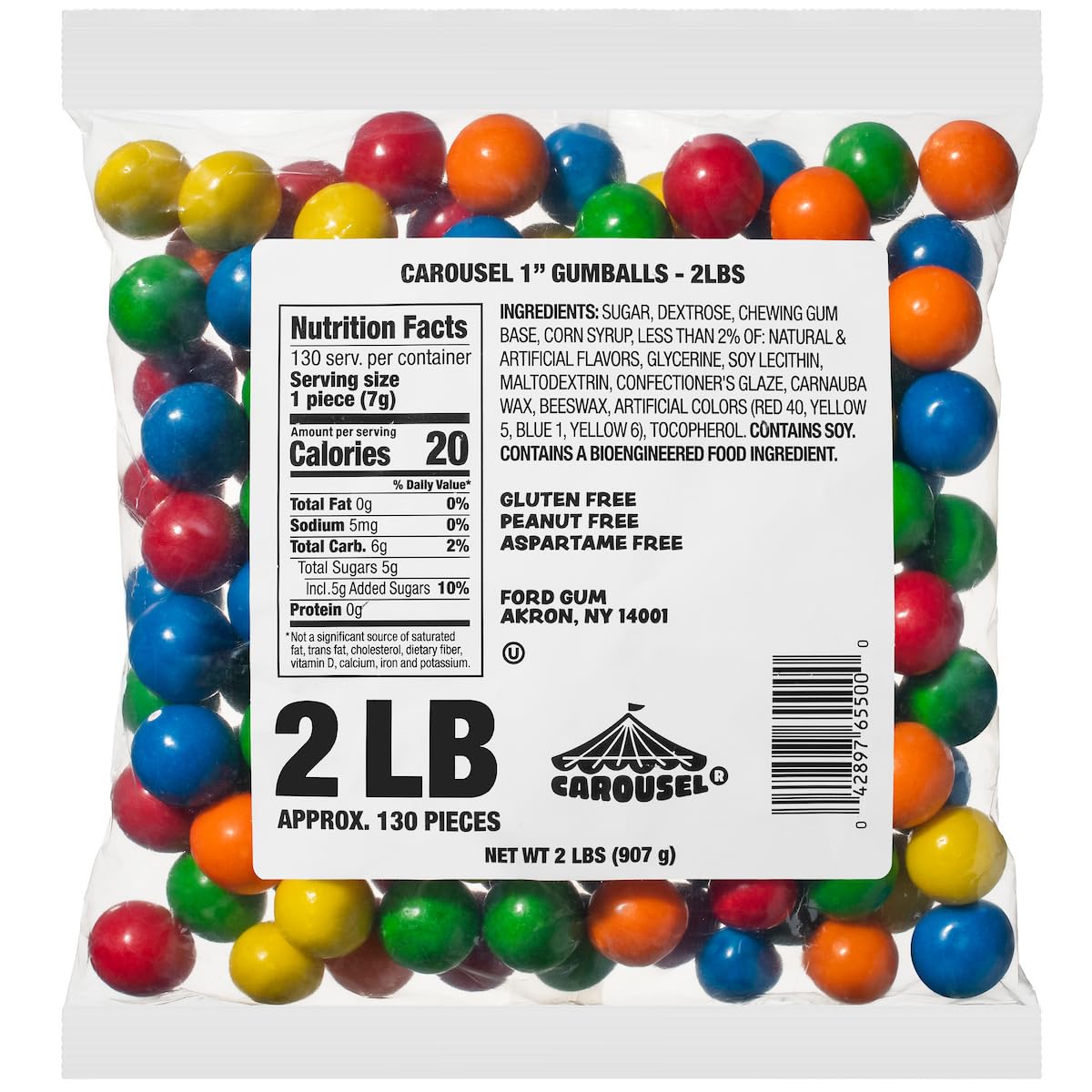 Carousel 1-inch assorted gumballs in a 2lb bag, ideal for gumball machines with colorful flavors.