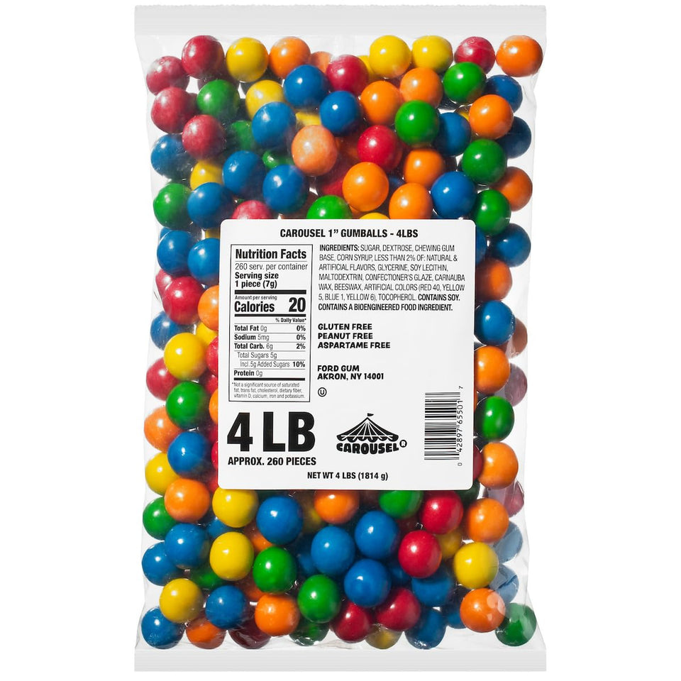 Carousel gumballs assorted 1-inch bag visible in a colorful display, ideal for refills and fun snacking