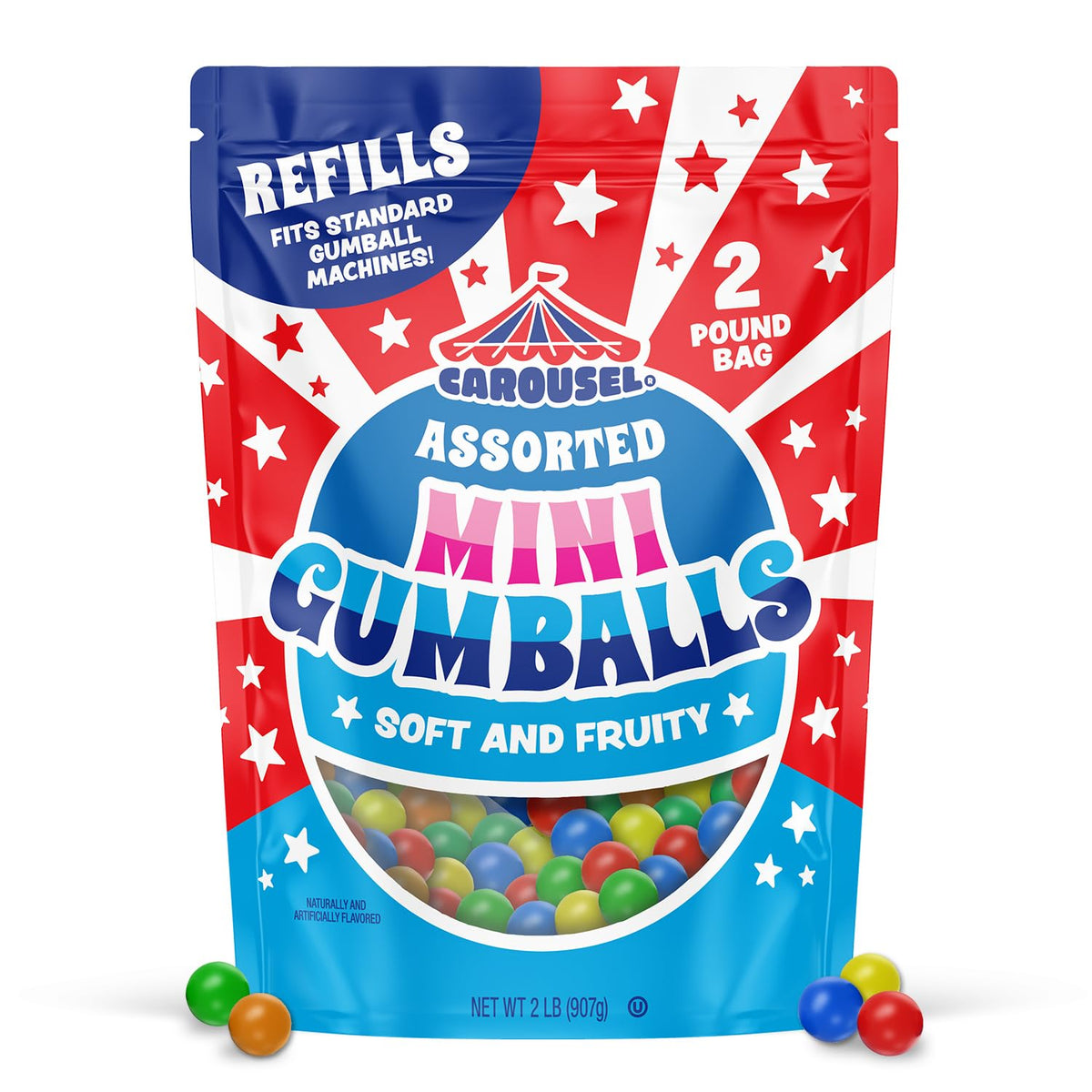 Carousel mini gumballs flavor variety, eye-catching colors for celebrations.