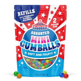 Carousel mini gumballs flavor variety, eye-catching colors for celebrations.
