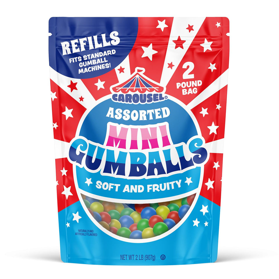 Carousel mini gumballs pack close-up, colorful flavors for quick treat breaks.