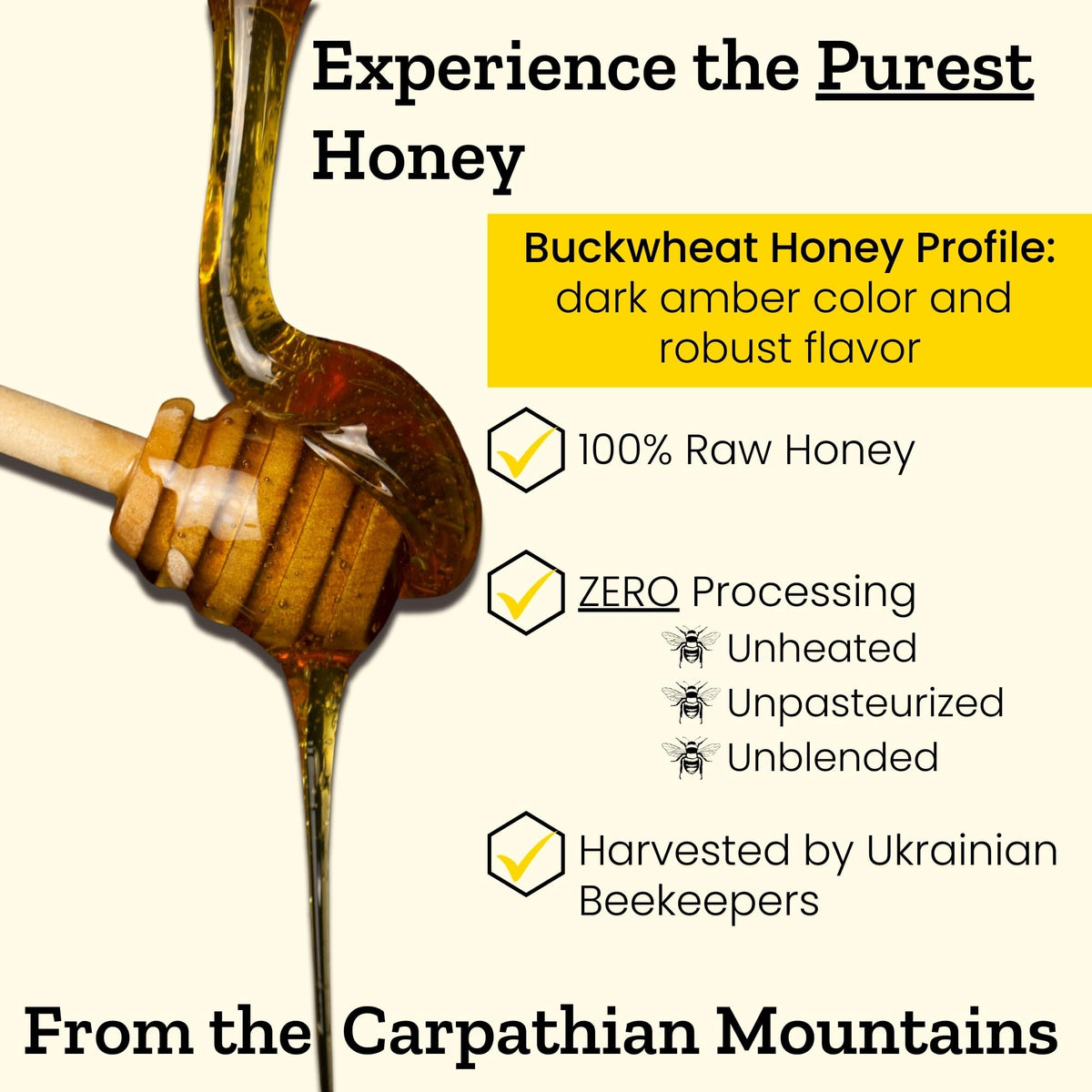 Carpathian Healer Buckwheat Honey spoon-dip highlights convenient tasting and drizzle use.