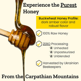 Carpathian Healer Buckwheat Honey spoon-dip highlights convenient tasting and drizzle use.