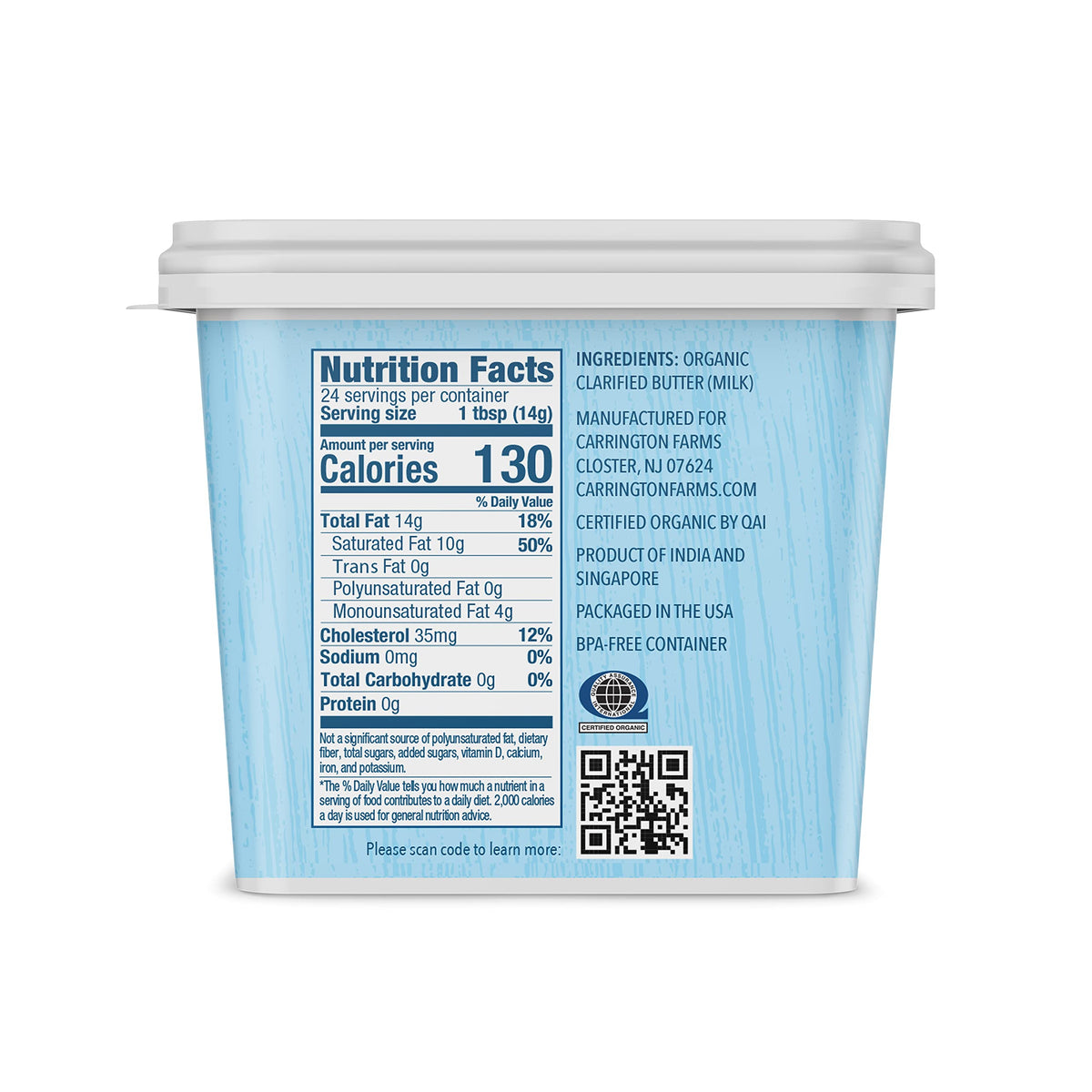 Carrington Farms ghee on a skillet, perfect for high-heat cooking without dairy solids.