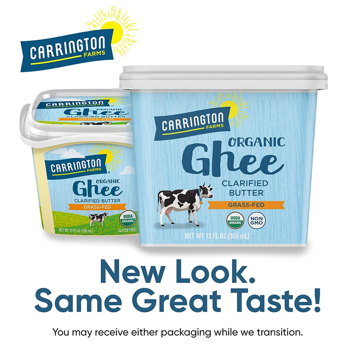 Carrington Farms ghee ingredients label highlighting lactose-free and dairy-free attributes.