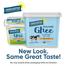 Carrington Farms ghee ingredients label highlighting lactose-free and dairy-free attributes.