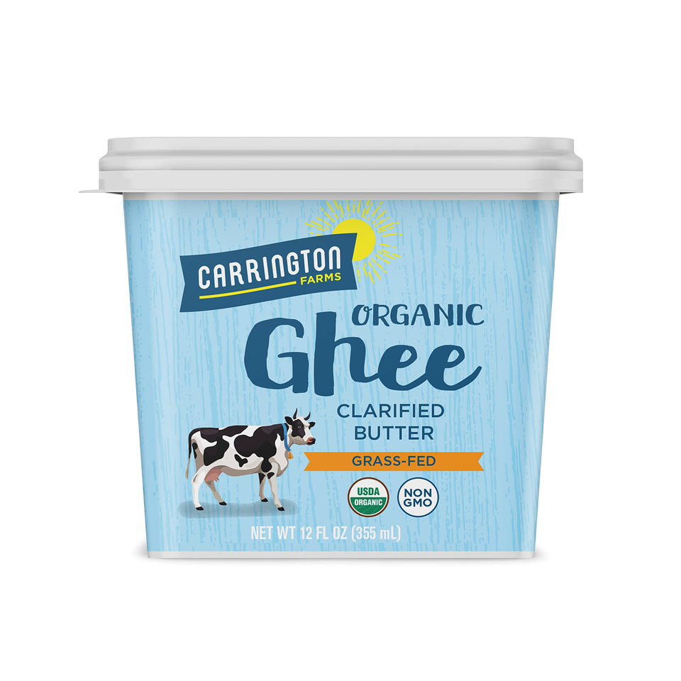 Carrington Farms ghee in an organic grass-fed jar, rich aroma, ideal for everyday cooking.