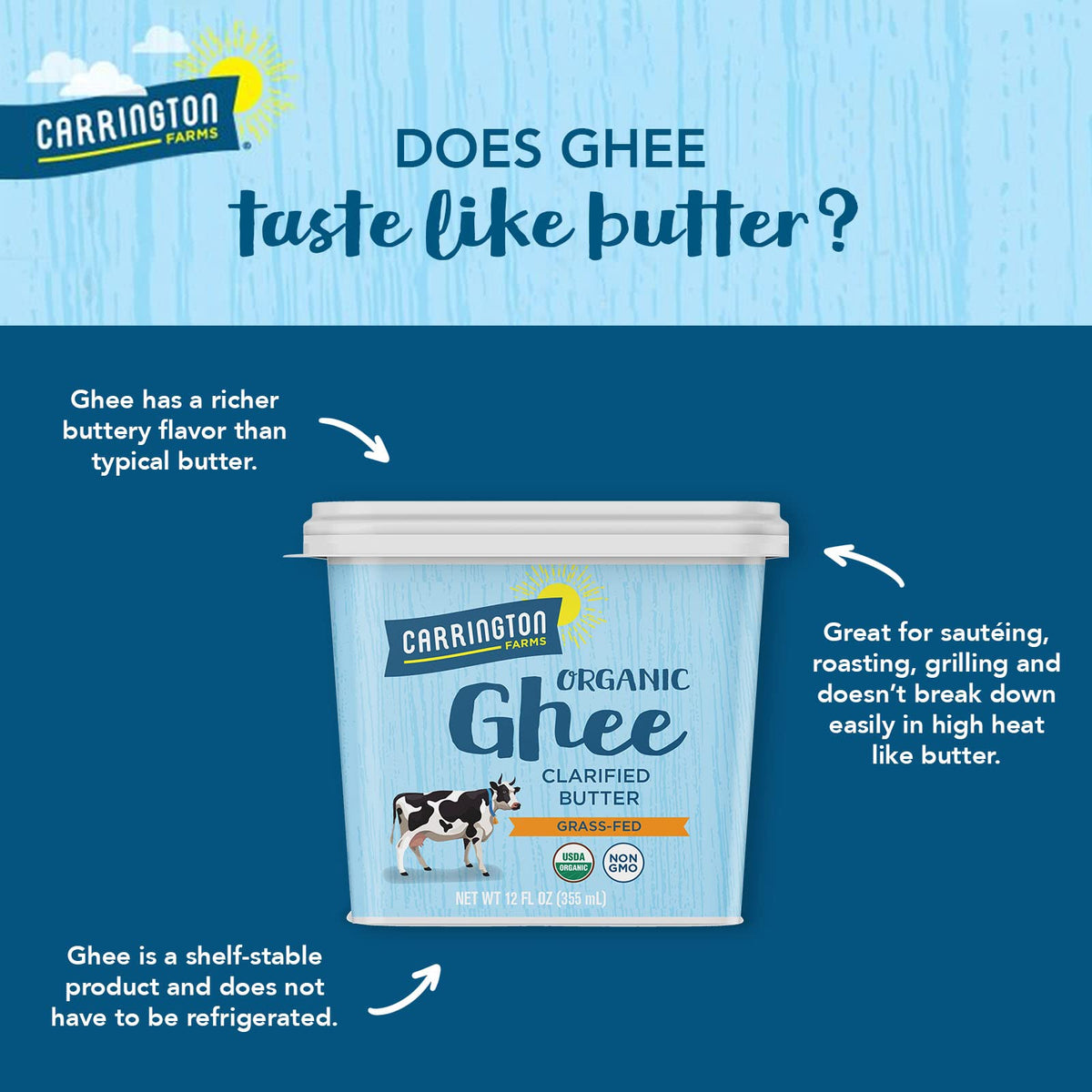 Carrington Farms ghee triple-filtered process highlighting purity and clarity.