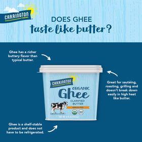 Carrington Farms ghee triple-filtered process highlighting purity and clarity.