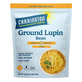 Carrington Farms ground lupin bean package showing a low carb, high protein plant-based side option.