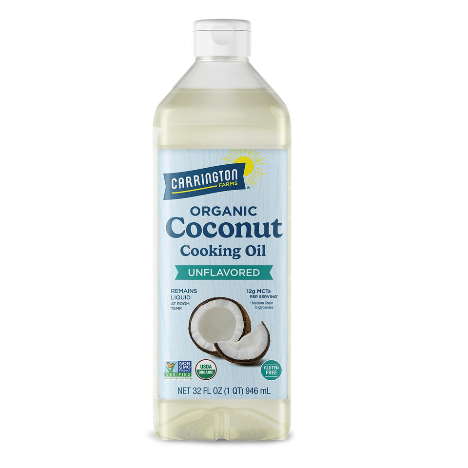 Carrington Farms liquid coconut oil bottle ready for high-heat cooking.