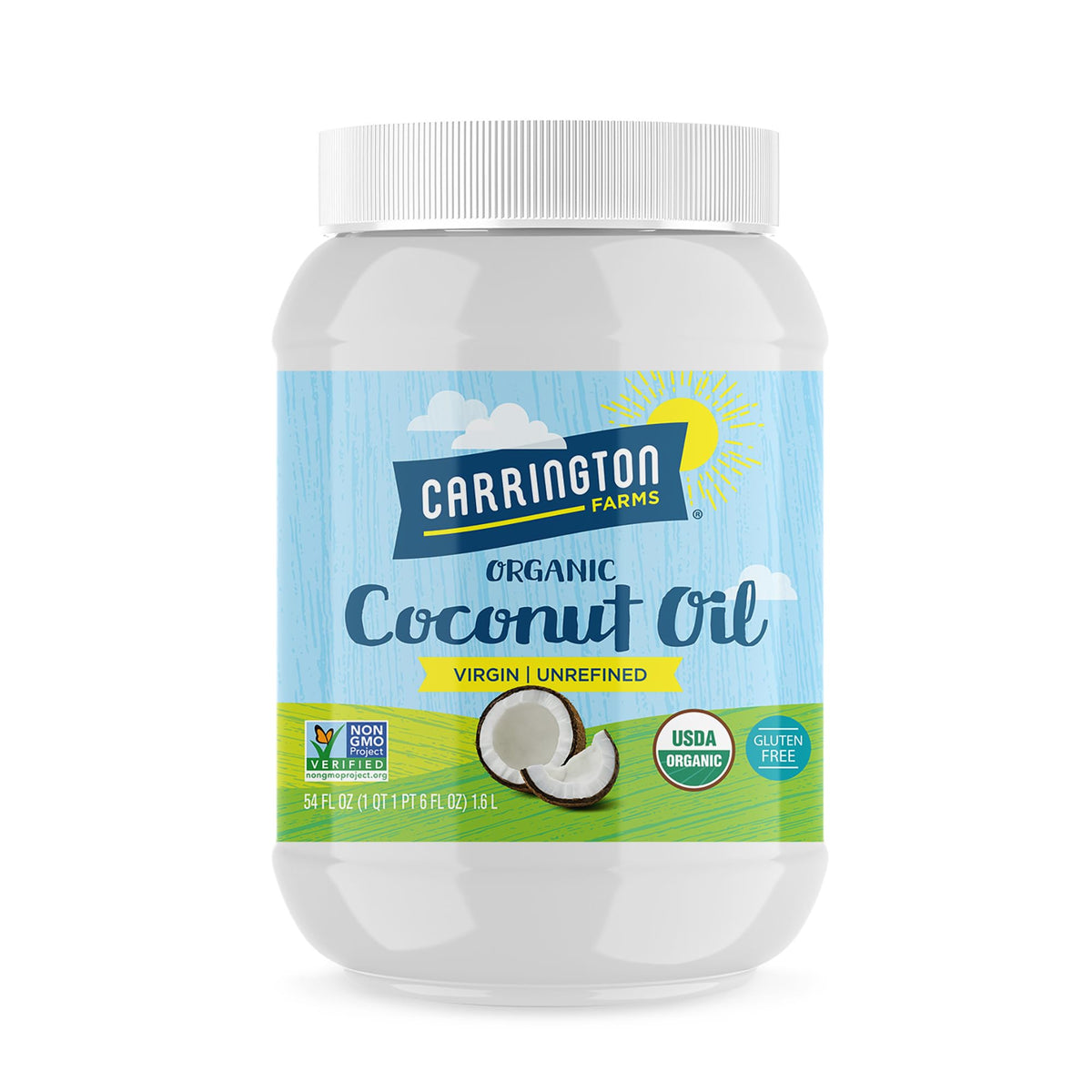 Carrington Farms organic virgin coconut oil bottle highlighting versatility for cooking and baking.