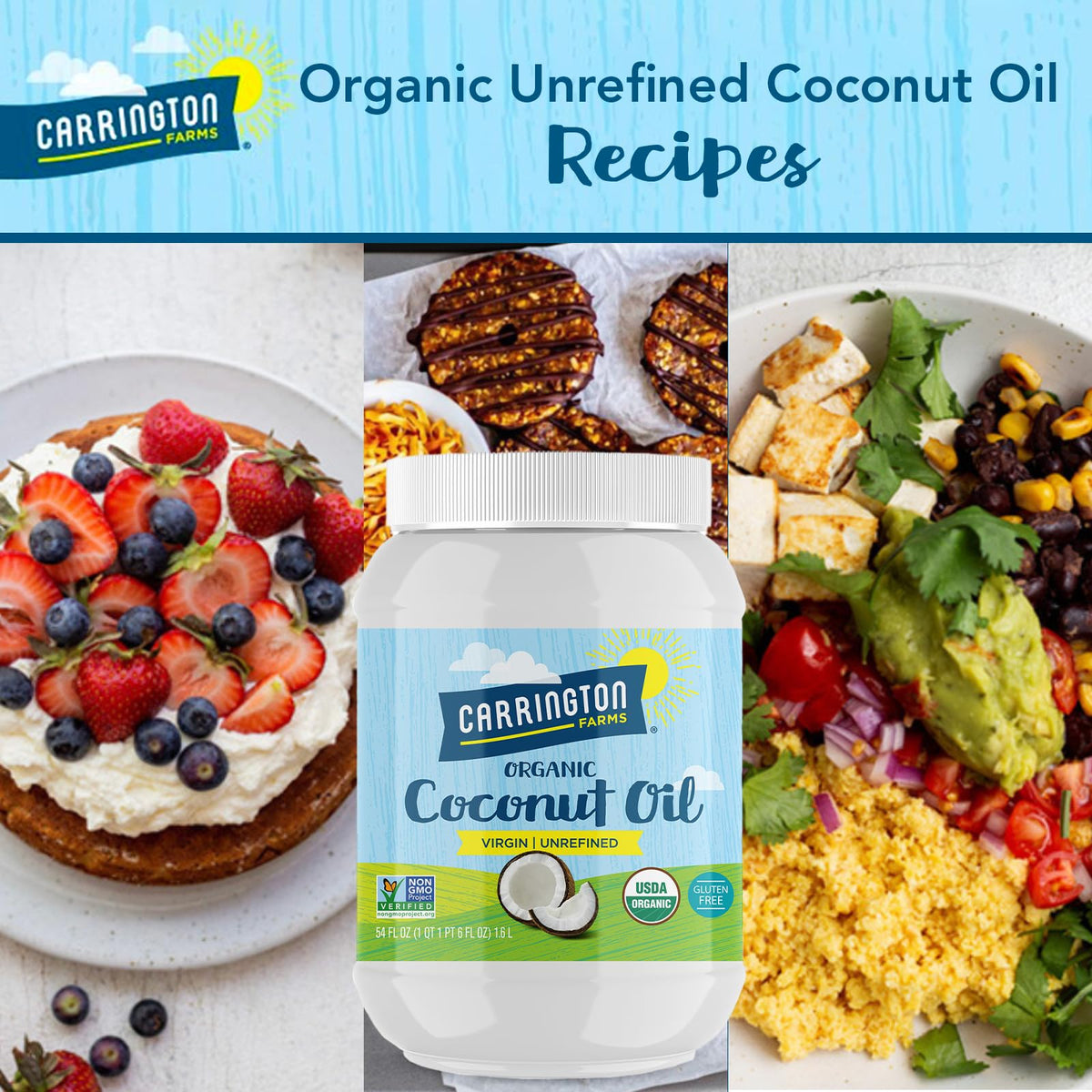 Carrington Farms coconut oil in a glass jar showcasing eco-friendly packaging.