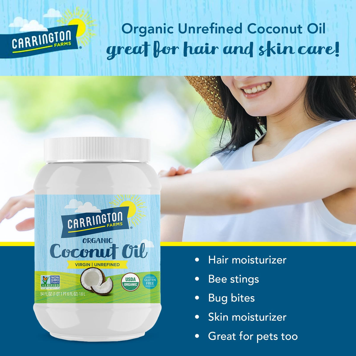 Carrington Farms coconut oil packaging underscoring vegan and non-GMO standards.