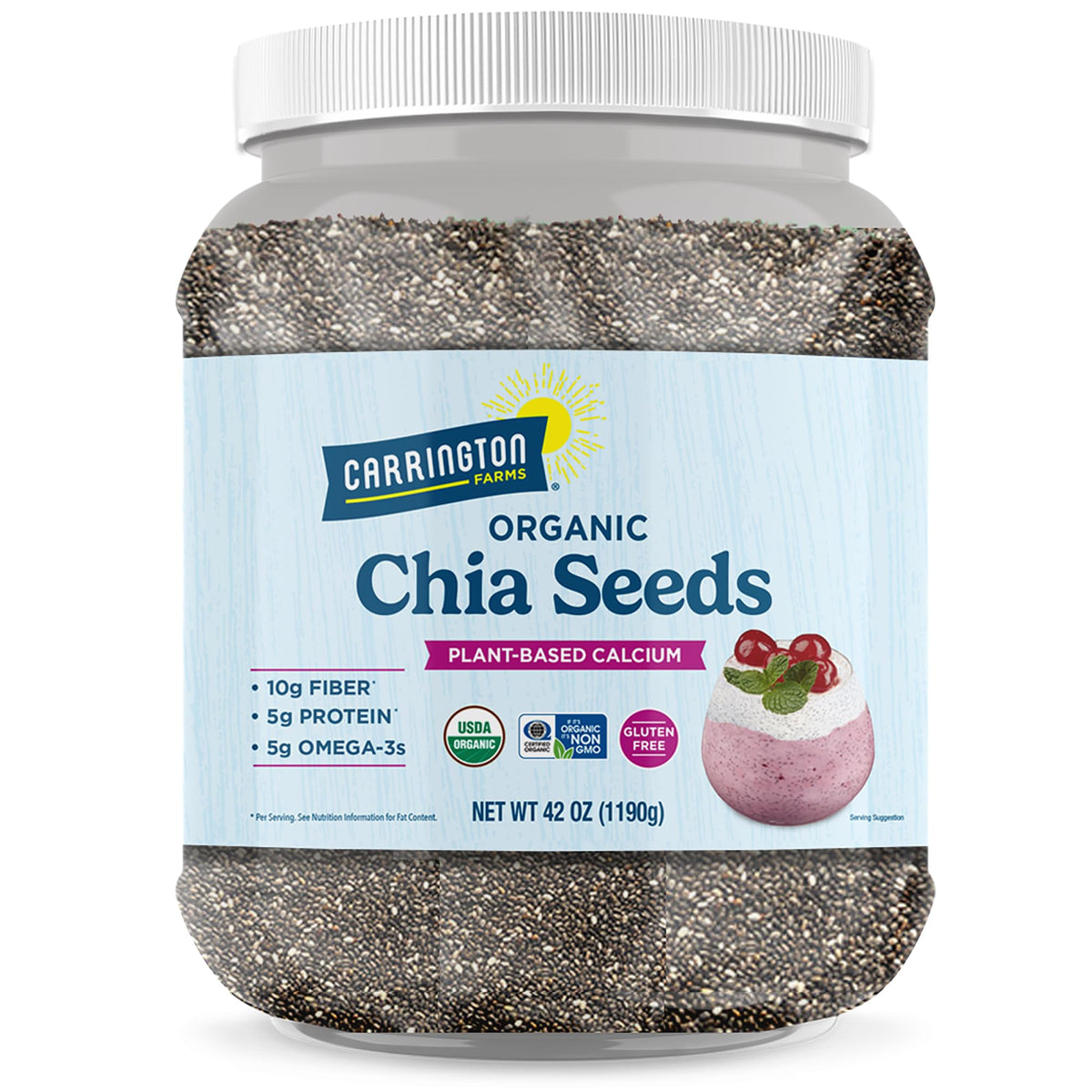 Carrington Farms organic chia seeds jar front view, resealable for freshness.