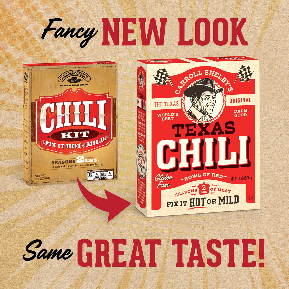 Carroll Shelby's Original Texas Brand Chili Kit box showcases ready-to-use flavor packets for easy pantry storage