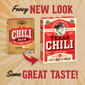 Carroll Shelby's Original Texas Brand Chili Kit box showcases ready-to-use flavor packets for easy pantry storage