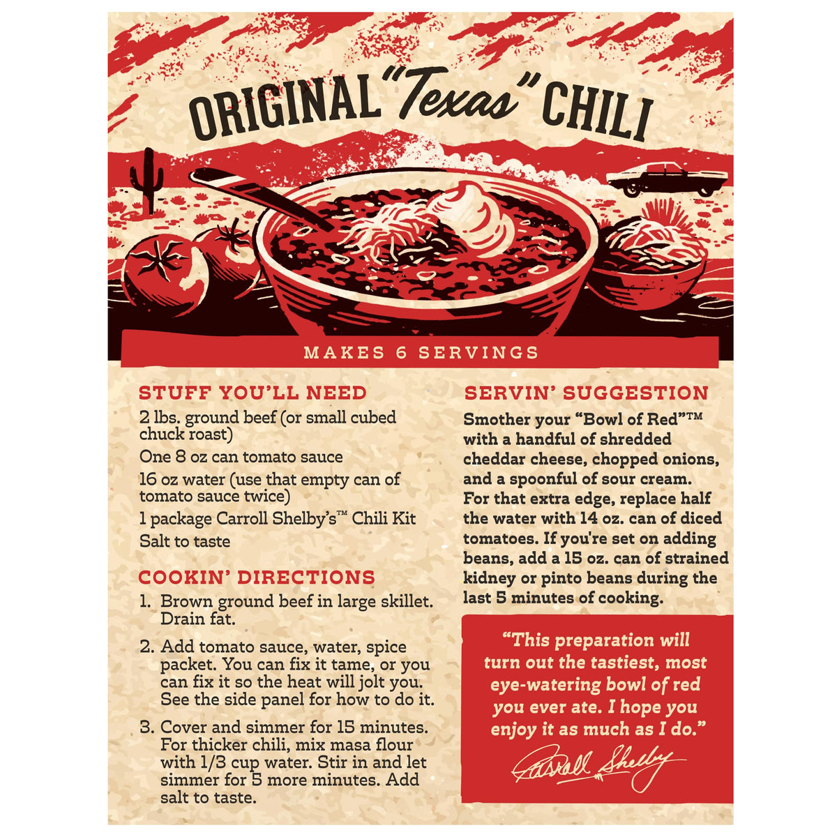 Carroll Shelby's Original Texas Brand Chili Kit masa flour packets for authentic, easier chili thickening