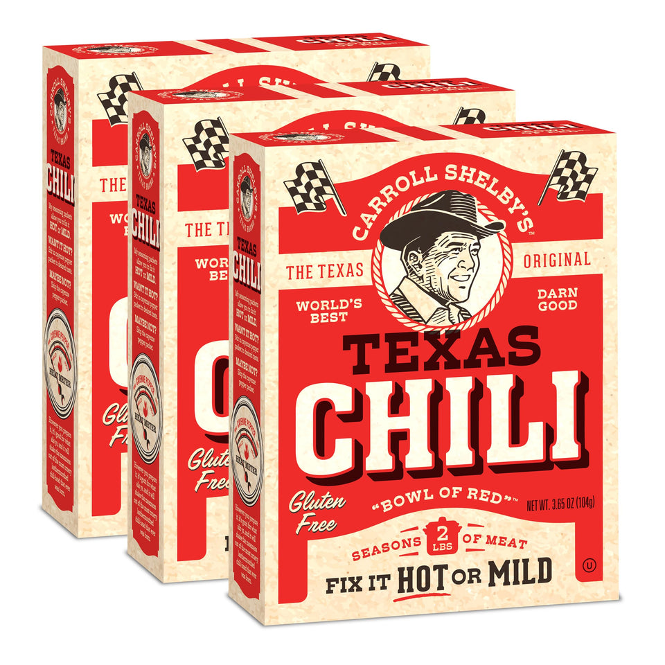 Carroll Shelby's Original Texas Brand chili kit packaging with convenient spice packets