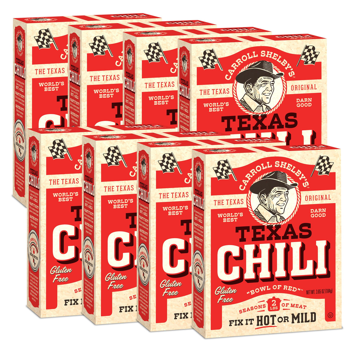 Carroll Shelby's Original Texas Brand Chili Kit spice packets for customizable heat on two pounds of meat