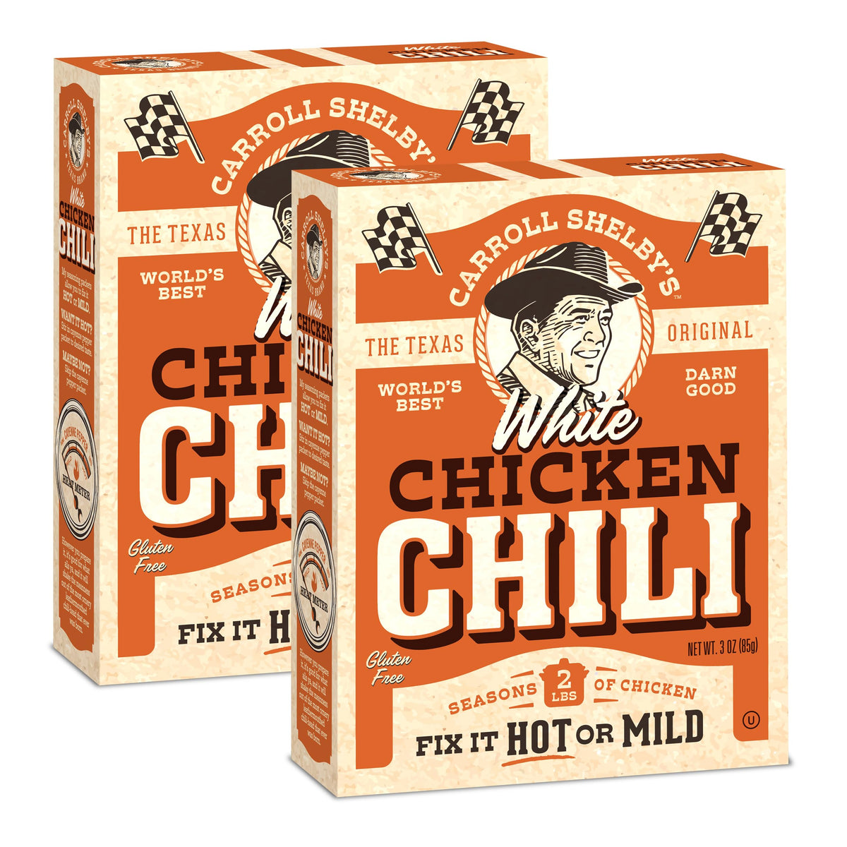Carroll Shelby's Original Texas Brand white chicken chili kit box pack of 2 ready for dinner.