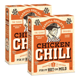 Carroll Shelby's Original Texas Brand white chicken chili kit box pack of 2 ready for dinner.