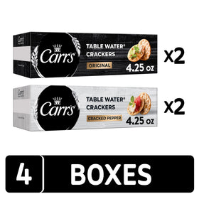 Carr's Cracked Pepper crackers box, bold flavor ideal for charcuterie.