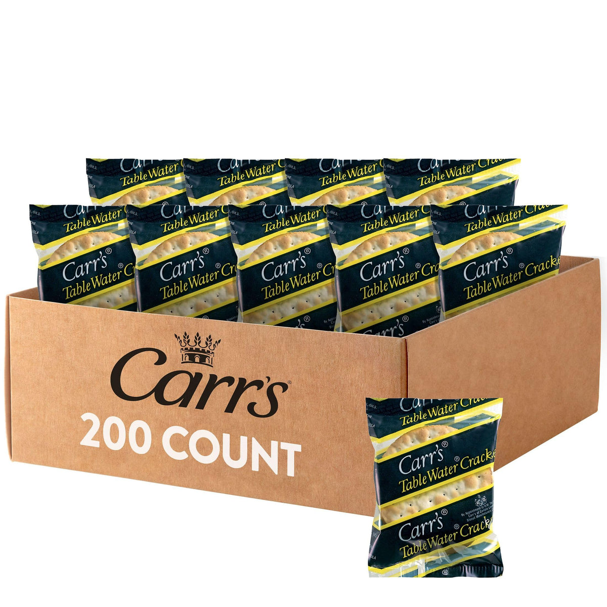 Carr's Royal Portion Water crackers in 0.4-ounce packaging for easy, 200-count convenience.
