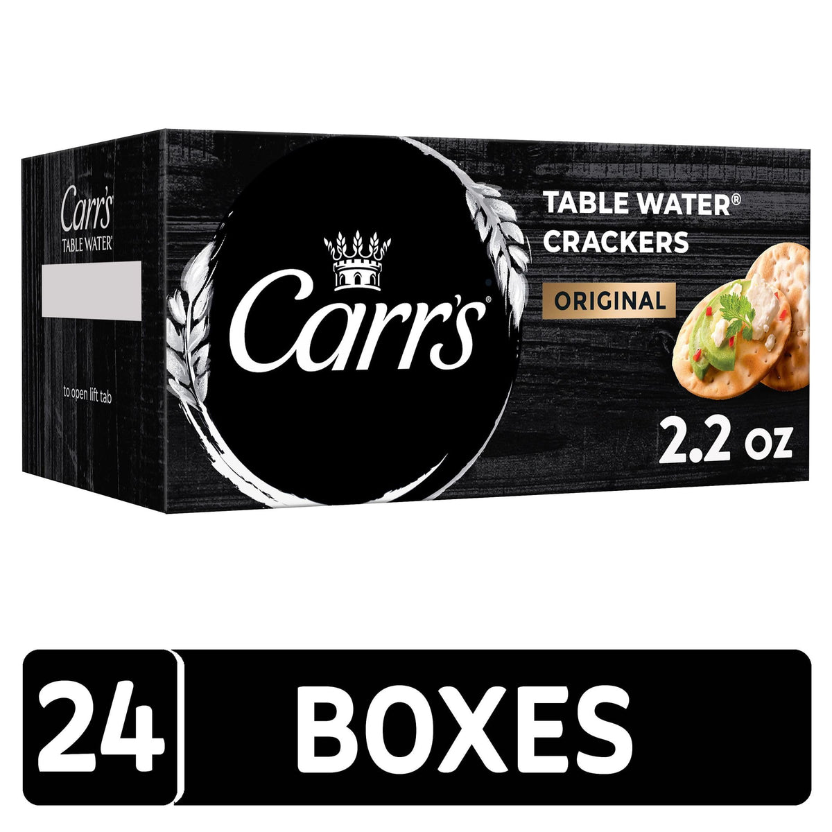 Carr's Table Water Crackers Original box closeup, premium packaging for hosting