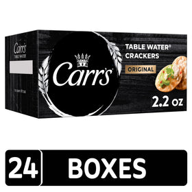 Carr's Table Water Crackers Original box closeup, premium packaging for hosting