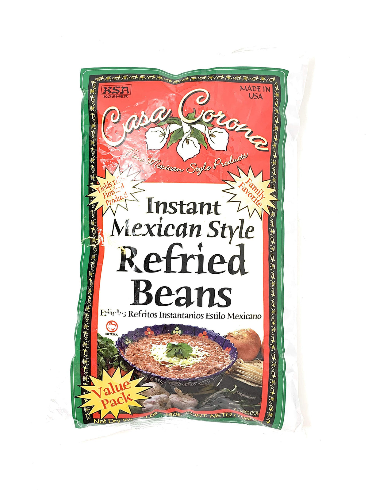 Casa Corona instant refried beans front packaging, gluten-free pantry staple.