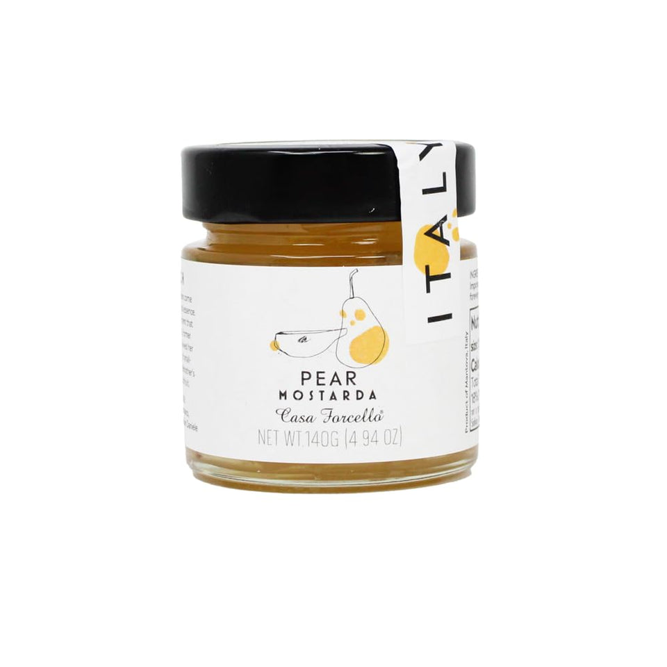 Casa Forcello Mostarda Pear jar close-up showing rich texture ideal for cheese boards