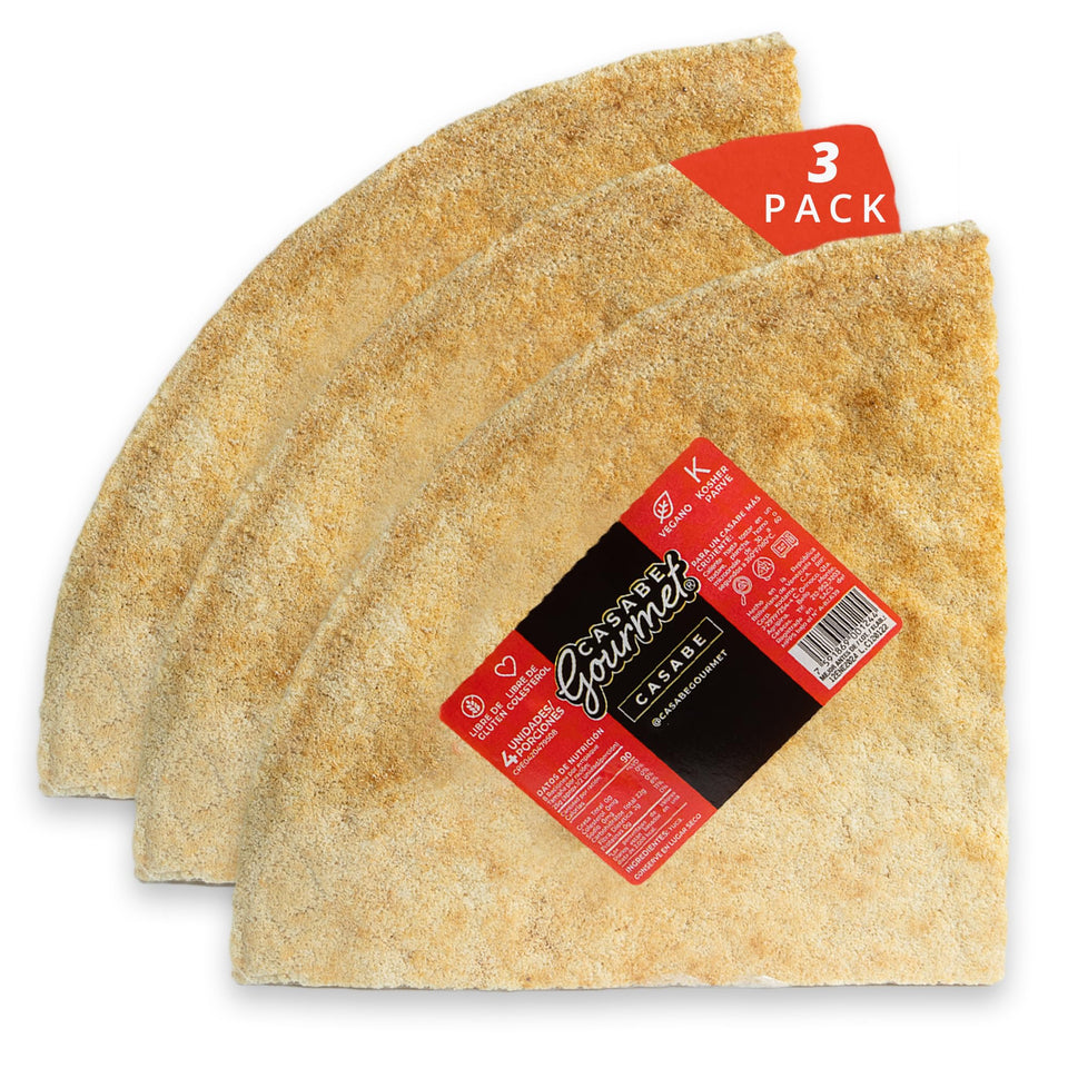 Casabe Gourmet large cassava chips 3-pack packaging, ideal for convenient snacking.