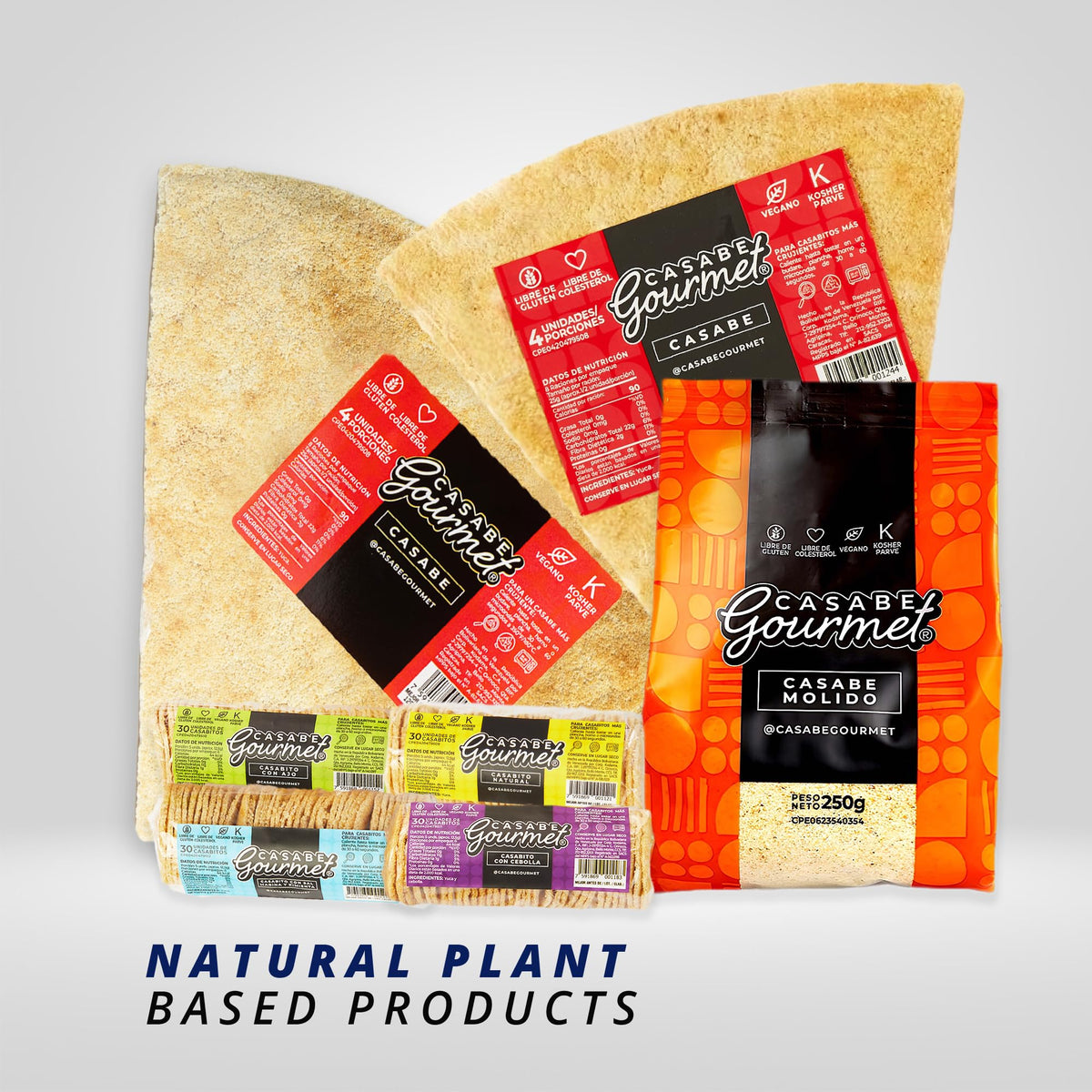 Casabe Gourmet large cassava chips organic flour image emphasizes wholesome ingredients.