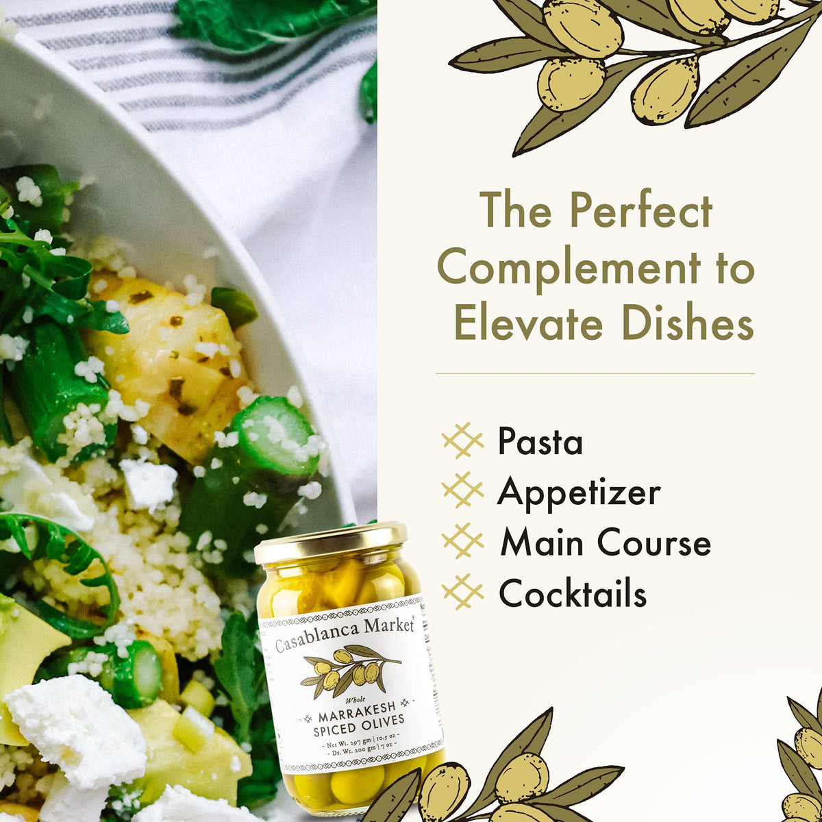 Bottle label of Casablanca Market Marrakesh Spiced Olives evokes Moroccan markets and artisanal flavor.