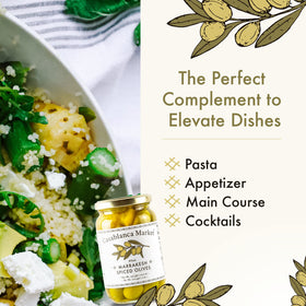 Bottle label of Casablanca Market Marrakesh Spiced Olives evokes Moroccan markets and artisanal flavor.